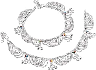 Efulgenz Indian Silver Tone Bell Charms Tassel Chain Anklet Set Bracelet Payal Foot Jewelry