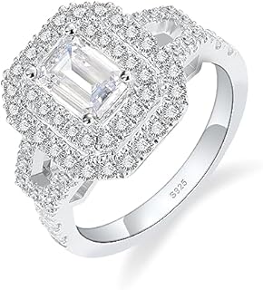 Moissanite Engagement Ring for Women,2ct Vintage Emerald Cut D Color VVS1 Lab Created Diamond Halo Wedding Band,S925 Sterling Silver 18K White Gold Plated Eternity Promise Valentine Ring (size 4-11)