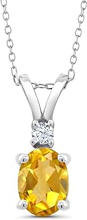 925 Sterling Silver Pendant Necklace with Yellow Citrine and White Created Sapphire Elements, Designed for Women, Oval Cut - Featuring Spring Ring Clasp and 18 Inch Silver Cable Chain