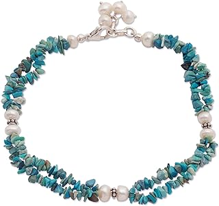 NOVICA Artisan Handmade Cultured Freshwater Pearl Calcite Beaded Strand Anklet from India Sterling Silver Birthstone [9.25 in min L x 9.75 in max L x 0.4 in W] 'Nautical Song'