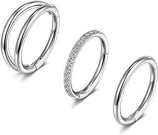 Jovivi 3pcs Nose Rings Hoops - 316L Surgical Steel Double Hoop Nose Rings 18G Hinged CZ Conch Piercing Jewelry Septum Clicker Lip Rings Cartilage Earring Helix Rook Tragus Daith 8mm