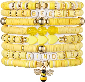 PANTIDE 8Pcs Bee Heishi Bracelets Set Colorful Preppy Bee Kind Heart Star Beaded Polymer Clay Stackable Stretch Charm Layering Bracelets Boho Y2K Kidcore Spring Summer Beach Jewelry for Women Girls