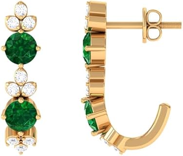 Lab Created Emerald J Hoop Earrings with Screw Back | AAAA Quality | Certified Emerald Floral Earrings with Moissanite