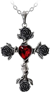 Spring Ring Clasp Gothic Style Pewter Crucifix Pendant with Ball Chain - Elegant Alchemy Black Rosifix Rose Design for Devotees of Deep Passion and Eternal Mystery
