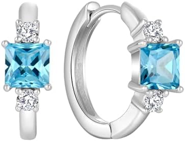 925 Sterling Silver Hoop Earrings for Women, 5x5MM Square Cut Birthstone Huggie Earrings, 18K White Gold Plated Jewelry for Women