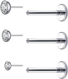 3Pcs 20G Implant Grade G23 Titanium Push in Lip Ring Studs 6mm 8mm 10mm Bar Threadless Push-in Flat Back Nose Ring Studs Flat Back Earrings for Helix 2.5mm 3mm 4mm CZ Piercing Jewelry