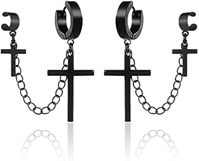 Unisex 316L Stainless Steel Cuban Link Hoop Earrings with Clutchless Back Finding and Cross Design