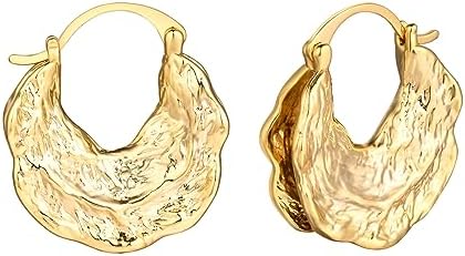 Gold Statement Earrings for Women，18K Gold Plated Vintage Geometric WATERPROOF Stylish Irregular Hammered Textured Fashion Chunky Hoops for Women Girls Non-Tarnish