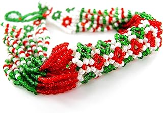 Linpeng Patterned Seed Beads Bracelet/Wrist Keychain/Native American Style/Red Green White/Adjustable Closure/L 7.5~8" x W 1"