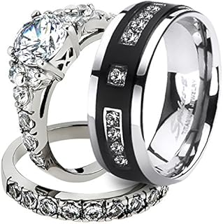 Stainless Steel Cubic Zirconia Wedding Band Set for Couples, His and Her, Round Brilliant Cut & Halo Design