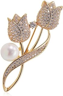 Gold Flower Brooch Pearl Brooch Tulip Brooch Pins for Women,Flower Pearl Brooch Crystal Rhinestone Tulip Brooch Pins Shawl Clips for Girls Label Pins