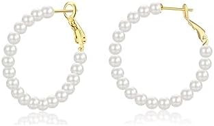 GULICX Pearl Hoop Earrings for Women, 14K Gold Plated Pearl Earrings 925 Sterling Silver Post Big Pearl Hoop Earrings Jewelry Gifts for Girls