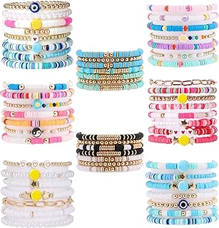 No-Clasp, Cord & Bead Chain Boho Heishi Bracelet Set with Obsidian Gems for Women - Polymer Clay Heart, Star & Evil Eye Design