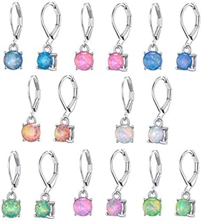Silver Leverback Hoop Earrings, 8 pairs - Variety Pack for Girls and Women. Cute Dainty Dangle Design with Opal & Cubic Zirconia Gems on Brass Metal - Ideal Gift for Teens