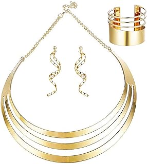 Finrezio Goldene und Braune Choker Halskette mit Breiten Stulpearmbändern und Quastenohrringen, Allergiesicher und Langlebig. Perfekt für Partys und Cosplay für Modebewusste Frauen