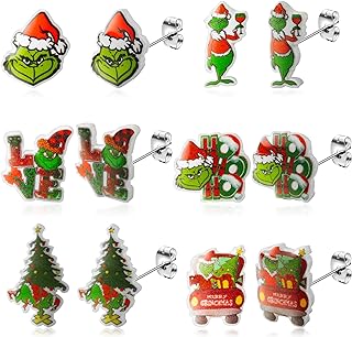 6 Pairs Green Monster Christmas Stud Earrings Set Christmas Tree Santa Hat Drop Dangle Earrings Studs Winter Holiday Acrylic Earrings Cosplay Jewelry Accessories Christmas Gifts for Women Girls
