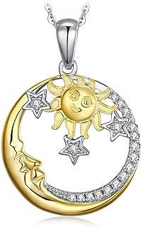 Sunshine Cubic Zirconia Pendant Necklace with 14K Gold Plated 925 Sterling Silver Box Chain for Women, Circle Moon Star Sunflower Design