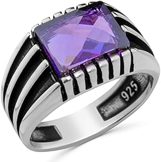 Men's Sterling Silver Wedding Ring with Purple Simulated Amethyst, Timeless Design for the Modern Gentleman