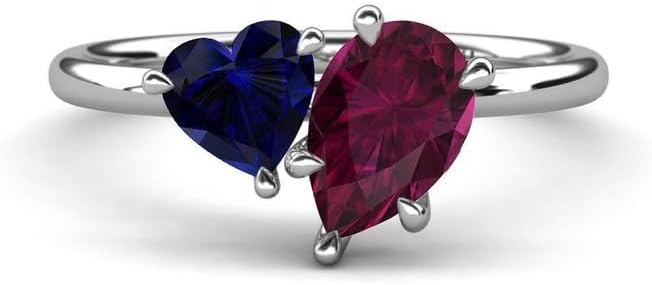 14K White Gold Plated Heart & Pear Cut Sapphire & Ruby Two Stone Engagement Ring for Women