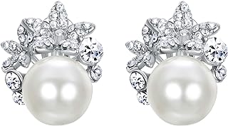 EVER FAITH Bridal Silver-Tone Flower Simulated Pearl Stud Earrings Austrian Crystal Clear - Clip-on