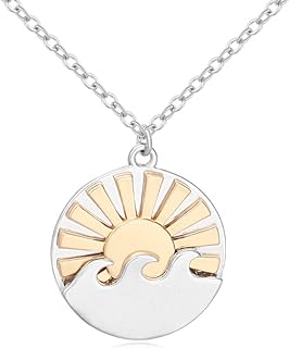 Two-tone Waves with Sun Sunrise Ocean Wave Pendant Necklace