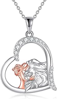 925 Sterling Silver Girl & Lion Pendant Necklace with Rolo Chain and Cubic Zirconia for Women/Teen Girls - Heart Shape Design