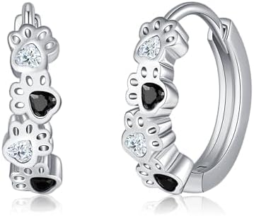 Women's 925 Sterling Silver Pawprint Hoop Earrings with Zircon Gemstones and Lever Back Clasp