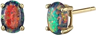 Peora 14K Yellow Gold Created Black Fire Opal Earrings for Women, Classic Solitaire Studs, 7x5mm Oval Shape, 1 Carat total, Friction Back