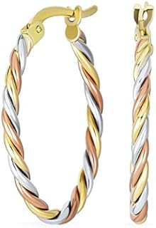 14K Tricolor Gold Cable Hoop Earrings with Hinge Notched Post for Women - Elegant Twisted Design