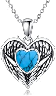 Sterling Silver Cable Chain Angel Wing Locket Necklace with Genuine Blue Turquoise Heart, Ideal for Women, Girls, Grandma - 2 Photo Capacity Design