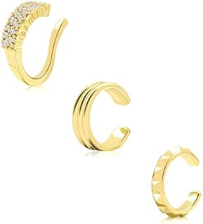 Women's 14K Yellow Gold Plated Cubic Zirconia-Adorned Cuff Design Fake Hoop Earrings - Non Piercing Elegance for Casual and Formal Wear