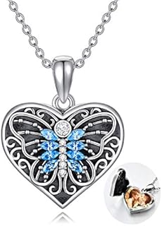 Lobster Clasp Sterling Silver Butterfly Heart Locket Necklace with Rolo Chain and Cubic Zirconia Gems for Women and Girls