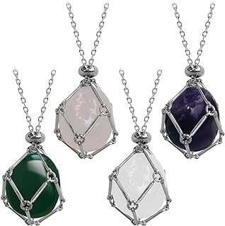 4Pcs Handmade Crystal Necklace Holder,Stainless Steel Cage Crystal Stone Holder, Crystal Pendant Necklace with Adjustable Length Netted Cage for Natural Crystal Stone Quartz Gemstone Jewelry for Women