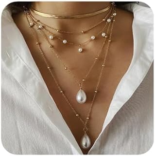 fxmimior Boho 5 Tier Gold Punk Chain Layered Necklace Dainty Pearls Pearls Pendant Long Choker Necklaces Jewelry for Women