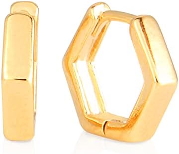 14K Gold Plated Small Hexagon Hoop Earrings with Cubic Zirconia Stud for Women - Clutchless Back Design