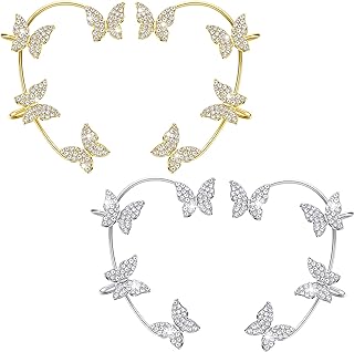 4 Pcs Butterfly Ear Cuff Earrings Glitter Rhinestone Butterfly Ear Cuff for Women Wrap Crawler Earrings No Piercing Butterfly Ear Clip Wrap Around Fake Earrings (Gold, Silver,Regular Style)
