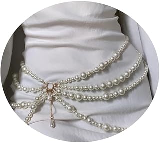 Multi Layered Long Metal Big Pearl Waist Chain Belt Trendy Pearl Waistband White Pearl Tassel Hip Belly Body Chain Festival Rave Waist Belt Sweater Dress Pearl Belt for Women (Silver)