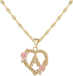 Qitian Women's Heart Shaped Initial Necklace in Gold over Stainless Steel with Lobster Clasp
