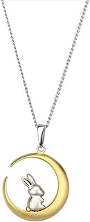 Ball Clasp, Box Chain Bunny Pendant Necklace in Sterling Silver - For Women and Teen Girls - Rabbit on Crescent Moon Design