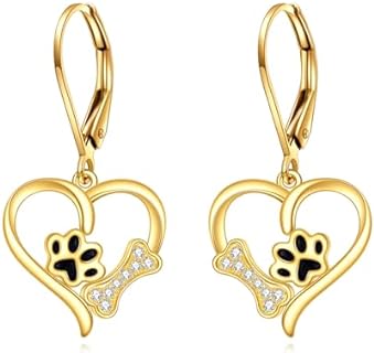 14k Real Gold Paw Print Earrings Hypoallergenic Heart Dangle Leverback Earring Dog Cat Lovers Jewelry Birthday Gifts for Women Teen Girls