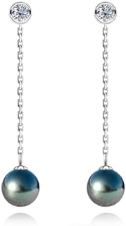 8-9MM Tahitian Black Pearl and Moissanite Dangle Earrings in 18K White Gold Plated Sterling Silver - Push Back Design for All-Day Wear