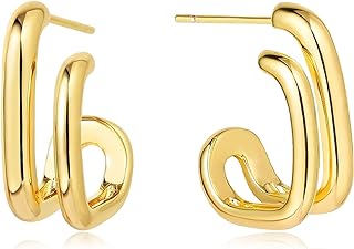 Women's Unique Mismatched Stud Earrings, LOYATA Open C Shape Hoop Design with Hinged Hoop Back Finding, Adorned with Cubic Zirconia, 14K Gold Plated Brass