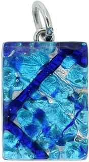 Glass Of Venice Murano Glass Italian Rectangular Pendant Necklace For Women - Aqua Blue With Infused Sterling Silver Leaf