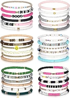 Y2K Bead Chain Polymer Clay & Vinyl Disc Bracelets - Fun Aesthetic Beach Jewelry for Women & Girls - Vibrant, Preppy Multi-Pack by Jadive