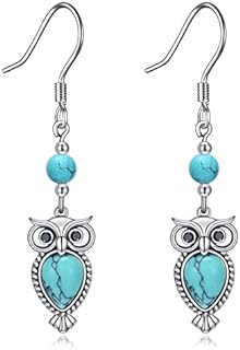 Stabilized Turquoise Owl Dangle Earrings with French Wire Back, Sterling Silver - Gorgeous Teardrop Butterfly Cross Design for Women's Birthday Gifts