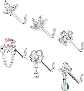 Staligue 6Pcs G23 Titanium Nose Ring 20G Hypoallergenic Nose Rings Studs L Shaped for Women Men CZ Flower Cross Heart Dangle Nose Ring Nose Piercing Jewelry for Sensitive Skin