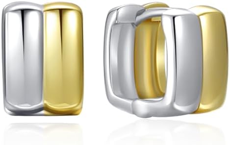 Chunky Mini Hoop Earrings 14K Two-Tone Gold | 10mm Small Band Hinged Hoop Earrings | Small Square Duet Mixed Huggie Hoops