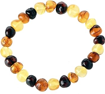 Handcrafted Baltic Amber Bead Bracelet with Elastic Bead Chain for Men and Women - Polished, Mixed Color Beads - Comfortable 7 Inch Length