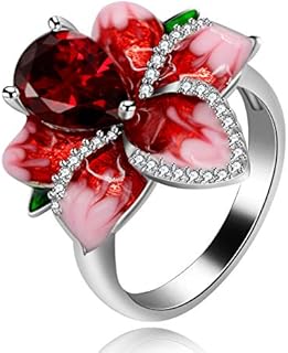 Enchanting Cherry Blossom Engagement Ring: Platinum-Plated Brass Clasp, Red Enamel Rose Design - Perfect for Women, Featuring Pear-Cut Cubic Zirconia Gem