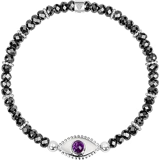 KARMA AND LUCK - Inner Transformation - Women's Grounding Real Hematite & Calming Amethyst Beads 925 Sterling Silver Protection Evil Eye Charm Stretch Bali Bracelet